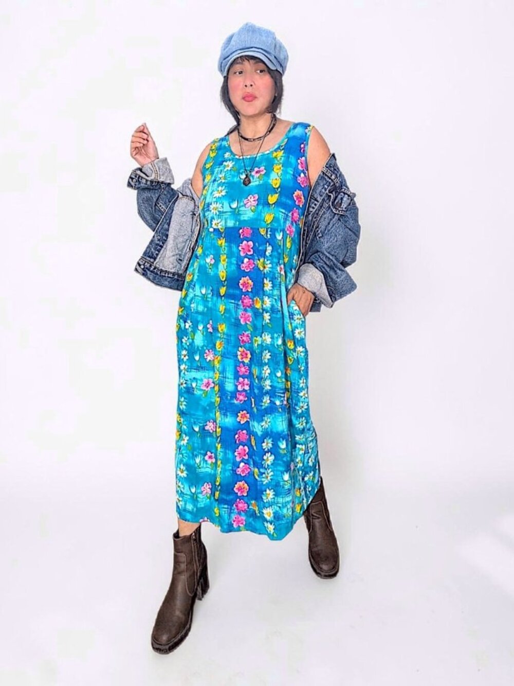 Jams World VTG 90s floral multicolor pockets boho fairy grunge slip midi dress M